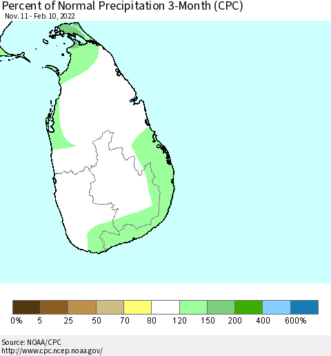 Sri Lanka Percent of Normal Precipitation 3-Month (CPC) Thematic Map For 11/11/2021 - 2/10/2022