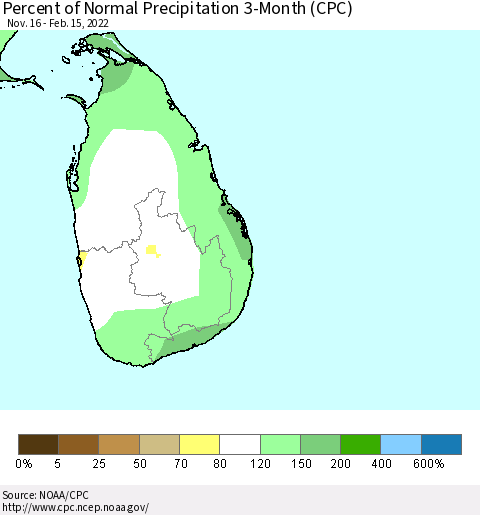 Sri Lanka Percent of Normal Precipitation 3-Month (CPC) Thematic Map For 11/16/2021 - 2/15/2022