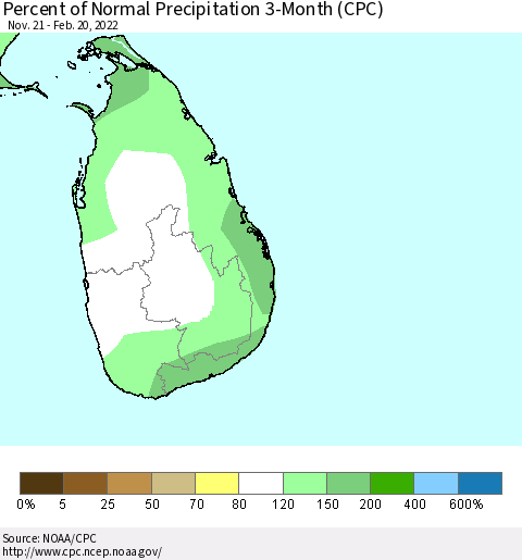 Sri Lanka Percent of Normal Precipitation 3-Month (CPC) Thematic Map For 11/21/2021 - 2/20/2022