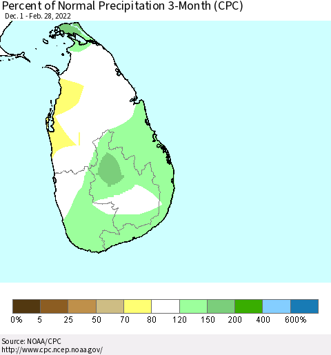 Sri Lanka Percent of Normal Precipitation 3-Month (CPC) Thematic Map For 12/1/2021 - 2/28/2022