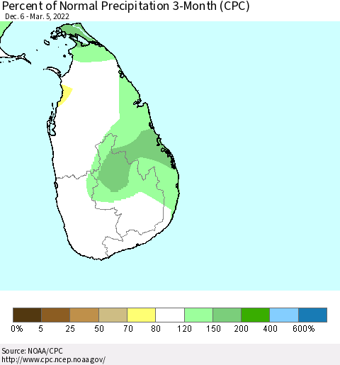 Sri Lanka Percent of Normal Precipitation 3-Month (CPC) Thematic Map For 12/6/2021 - 3/5/2022