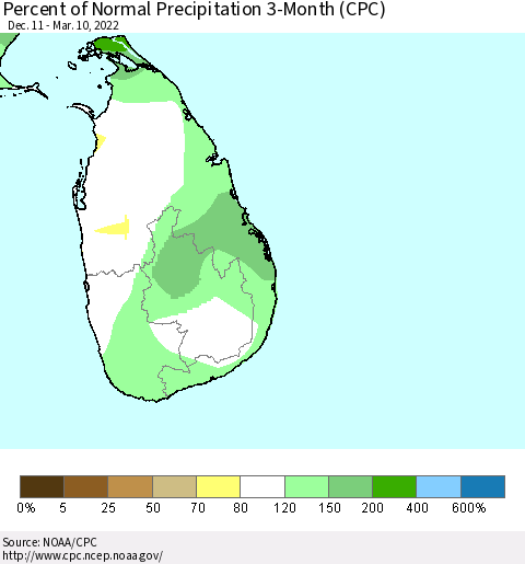 Sri Lanka Percent of Normal Precipitation 3-Month (CPC) Thematic Map For 12/11/2021 - 3/10/2022