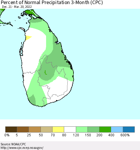 Sri Lanka Percent of Normal Precipitation 3-Month (CPC) Thematic Map For 12/21/2021 - 3/20/2022