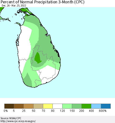 Sri Lanka Percent of Normal Precipitation 3-Month (CPC) Thematic Map For 12/26/2021 - 3/25/2022