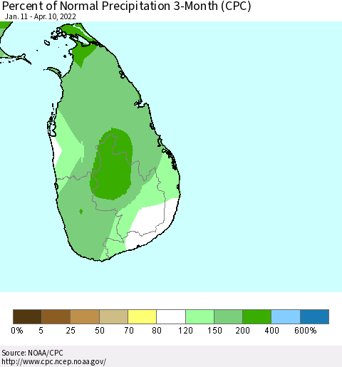 Sri Lanka Percent of Normal Precipitation 3-Month (CPC) Thematic Map For 1/11/2022 - 4/10/2022
