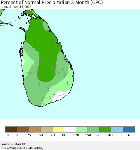 Sri Lanka Percent of Normal Precipitation 3-Month (CPC) Thematic Map For 1/16/2022 - 4/15/2022