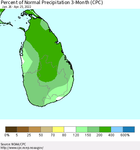 Sri Lanka Percent of Normal Precipitation 3-Month (CPC) Thematic Map For 1/26/2022 - 4/25/2022