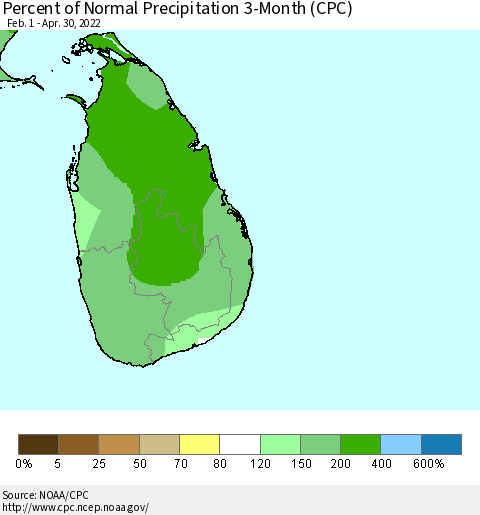 Sri Lanka Percent of Normal Precipitation 3-Month (CPC) Thematic Map For 2/1/2022 - 4/30/2022