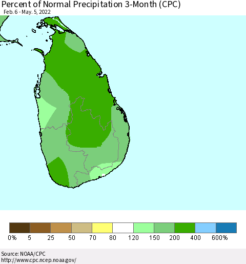 Sri Lanka Percent of Normal Precipitation 3-Month (CPC) Thematic Map For 2/6/2022 - 5/5/2022