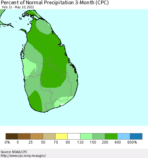 Sri Lanka Percent of Normal Precipitation 3-Month (CPC) Thematic Map For 2/11/2022 - 5/10/2022