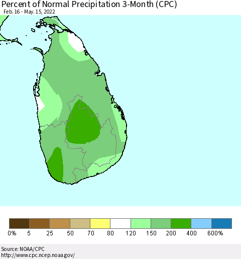 Sri Lanka Percent of Normal Precipitation 3-Month (CPC) Thematic Map For 2/16/2022 - 5/15/2022