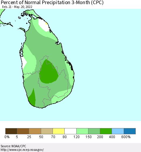 Sri Lanka Percent of Normal Precipitation 3-Month (CPC) Thematic Map For 2/21/2022 - 5/20/2022