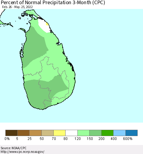 Sri Lanka Percent of Normal Precipitation 3-Month (CPC) Thematic Map For 2/26/2022 - 5/25/2022