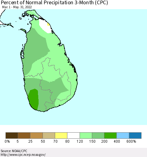 Sri Lanka Percent of Normal Precipitation 3-Month (CPC) Thematic Map For 3/1/2022 - 5/31/2022