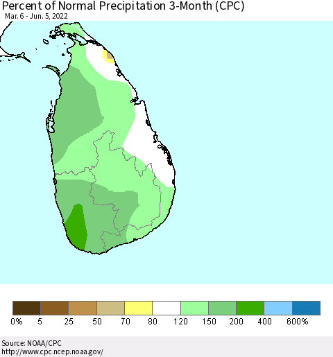 Sri Lanka Percent of Normal Precipitation 3-Month (CPC) Thematic Map For 3/6/2022 - 6/5/2022