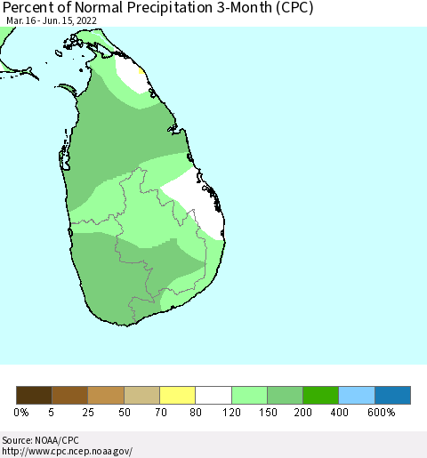 Sri Lanka Percent of Normal Precipitation 3-Month (CPC) Thematic Map For 3/16/2022 - 6/15/2022