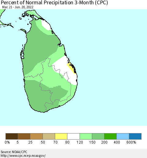 Sri Lanka Percent of Normal Precipitation 3-Month (CPC) Thematic Map For 3/21/2022 - 6/20/2022