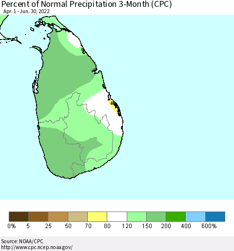 Sri Lanka Percent of Normal Precipitation 3-Month (CPC) Thematic Map For 4/1/2022 - 6/30/2022