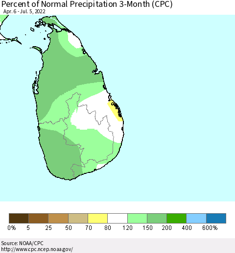 Sri Lanka Percent of Normal Precipitation 3-Month (CPC) Thematic Map For 4/6/2022 - 7/5/2022
