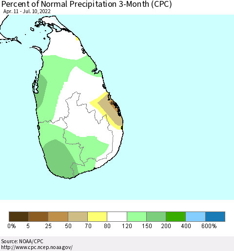 Sri Lanka Percent of Normal Precipitation 3-Month (CPC) Thematic Map For 4/11/2022 - 7/10/2022