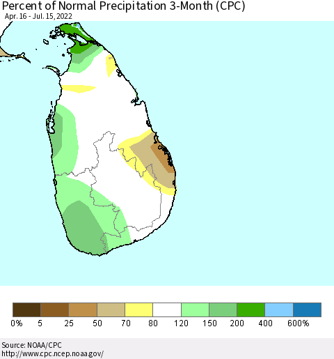 Sri Lanka Percent of Normal Precipitation 3-Month (CPC) Thematic Map For 4/16/2022 - 7/15/2022