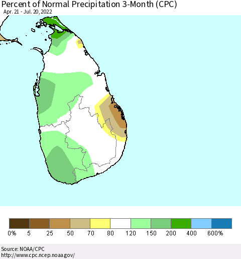 Sri Lanka Percent of Normal Precipitation 3-Month (CPC) Thematic Map For 4/21/2022 - 7/20/2022