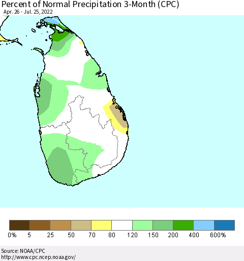 Sri Lanka Percent of Normal Precipitation 3-Month (CPC) Thematic Map For 4/26/2022 - 7/25/2022