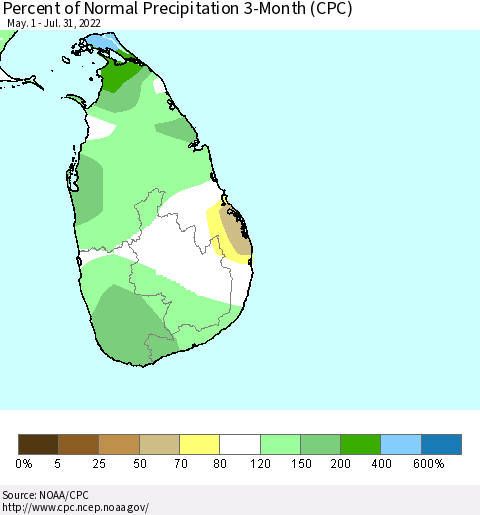 Sri Lanka Percent of Normal Precipitation 3-Month (CPC) Thematic Map For 5/1/2022 - 7/31/2022