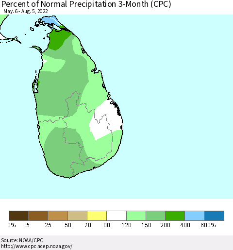 Sri Lanka Percent of Normal Precipitation 3-Month (CPC) Thematic Map For 5/6/2022 - 8/5/2022