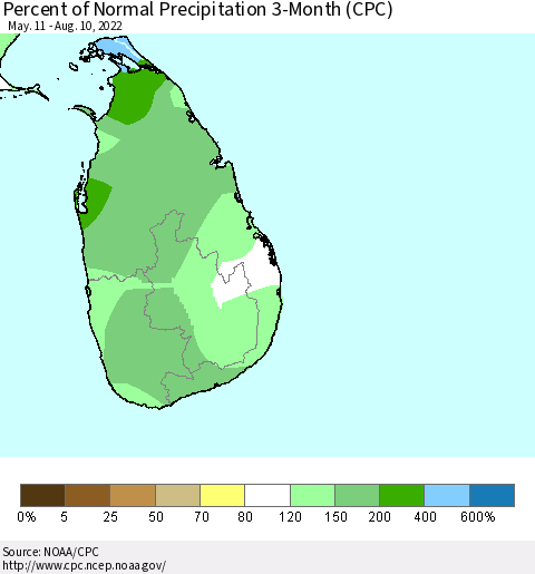 Sri Lanka Percent of Normal Precipitation 3-Month (CPC) Thematic Map For 5/11/2022 - 8/10/2022