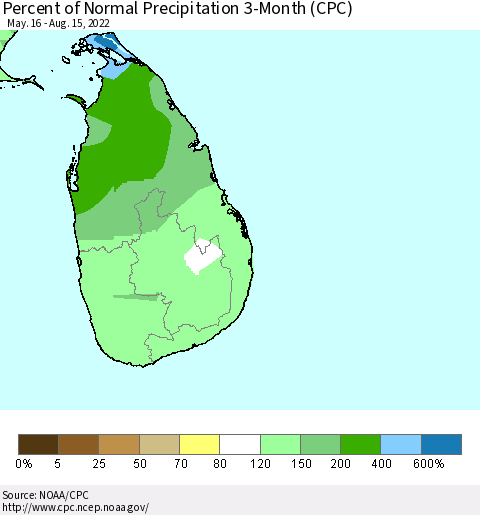 Sri Lanka Percent of Normal Precipitation 3-Month (CPC) Thematic Map For 5/16/2022 - 8/15/2022