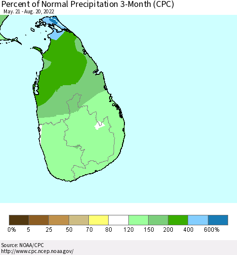 Sri Lanka Percent of Normal Precipitation 3-Month (CPC) Thematic Map For 5/21/2022 - 8/20/2022