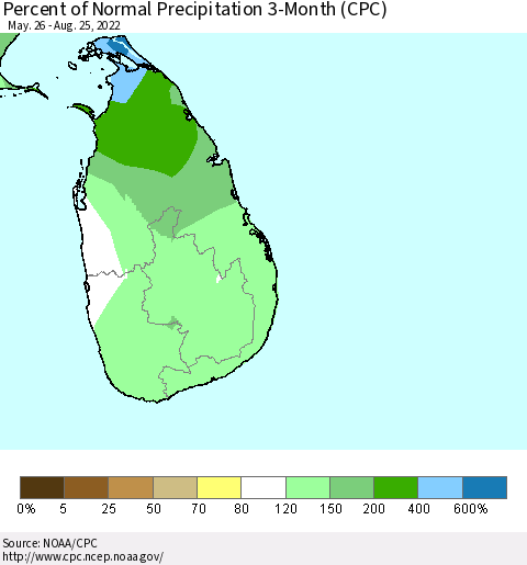 Sri Lanka Percent of Normal Precipitation 3-Month (CPC) Thematic Map For 5/26/2022 - 8/25/2022