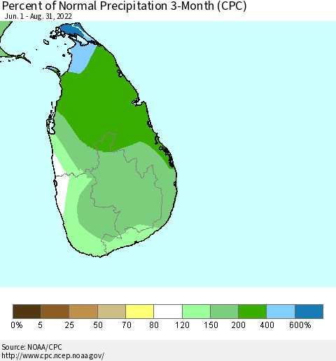 Sri Lanka Percent of Normal Precipitation 3-Month (CPC) Thematic Map For 6/1/2022 - 8/31/2022