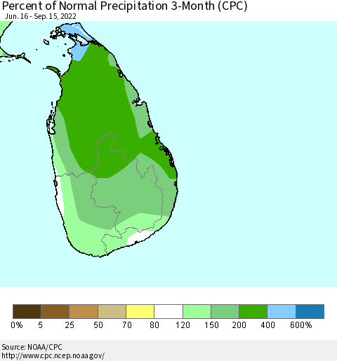 Sri Lanka Percent of Normal Precipitation 3-Month (CPC) Thematic Map For 6/16/2022 - 9/15/2022