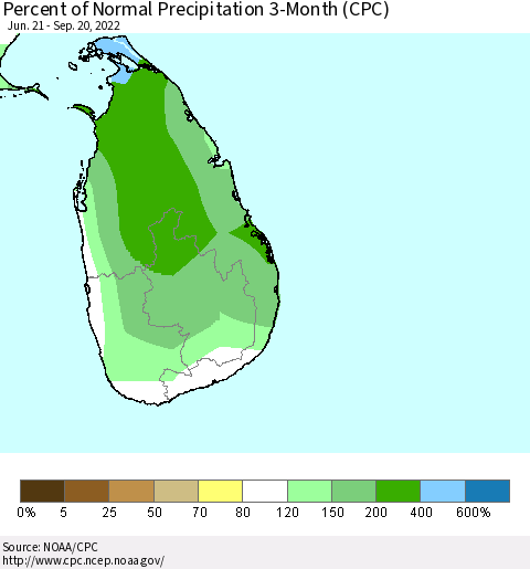Sri Lanka Percent of Normal Precipitation 3-Month (CPC) Thematic Map For 6/21/2022 - 9/20/2022