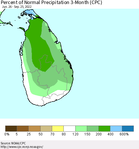 Sri Lanka Percent of Normal Precipitation 3-Month (CPC) Thematic Map For 6/26/2022 - 9/25/2022