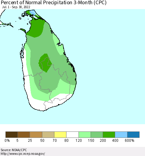 Sri Lanka Percent of Normal Precipitation 3-Month (CPC) Thematic Map For 7/1/2022 - 9/30/2022