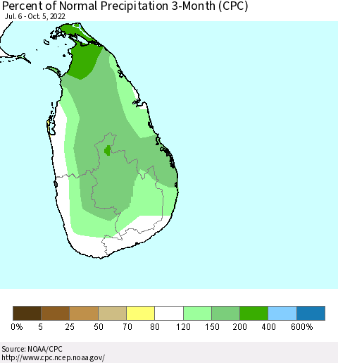 Sri Lanka Percent of Normal Precipitation 3-Month (CPC) Thematic Map For 7/6/2022 - 10/5/2022