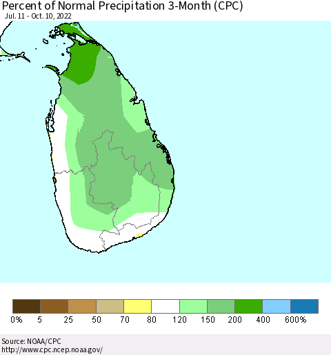 Sri Lanka Percent of Normal Precipitation 3-Month (CPC) Thematic Map For 7/11/2022 - 10/10/2022