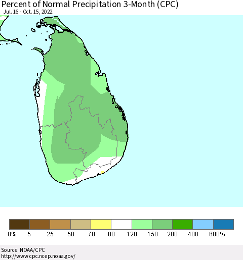 Sri Lanka Percent of Normal Precipitation 3-Month (CPC) Thematic Map For 7/16/2022 - 10/15/2022
