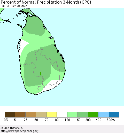 Sri Lanka Percent of Normal Precipitation 3-Month (CPC) Thematic Map For 7/21/2022 - 10/20/2022