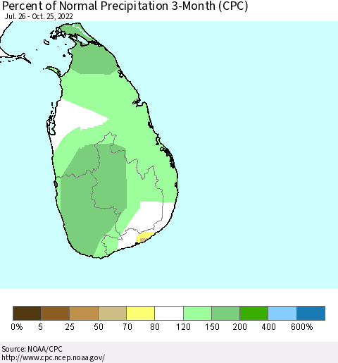Sri Lanka Percent of Normal Precipitation 3-Month (CPC) Thematic Map For 7/26/2022 - 10/25/2022