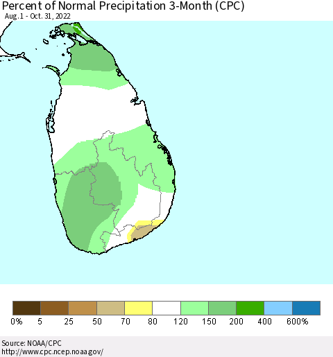 Sri Lanka Percent of Normal Precipitation 3-Month (CPC) Thematic Map For 8/1/2022 - 10/31/2022