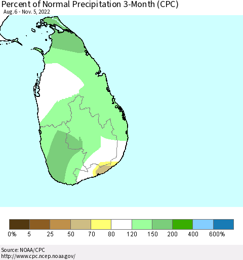 Sri Lanka Percent of Normal Precipitation 3-Month (CPC) Thematic Map For 8/6/2022 - 11/5/2022