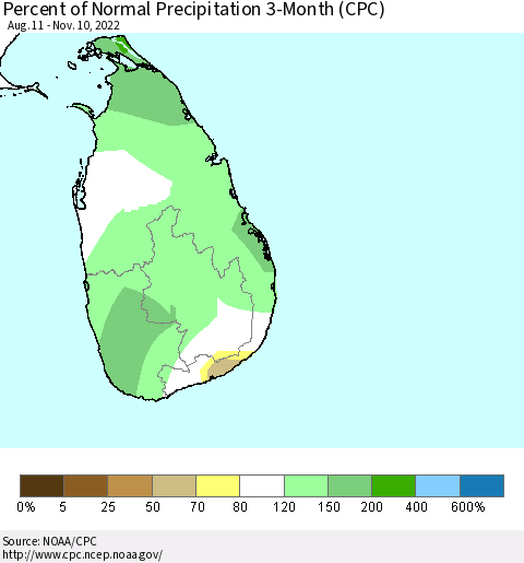 Sri Lanka Percent of Normal Precipitation 3-Month (CPC) Thematic Map For 8/11/2022 - 11/10/2022