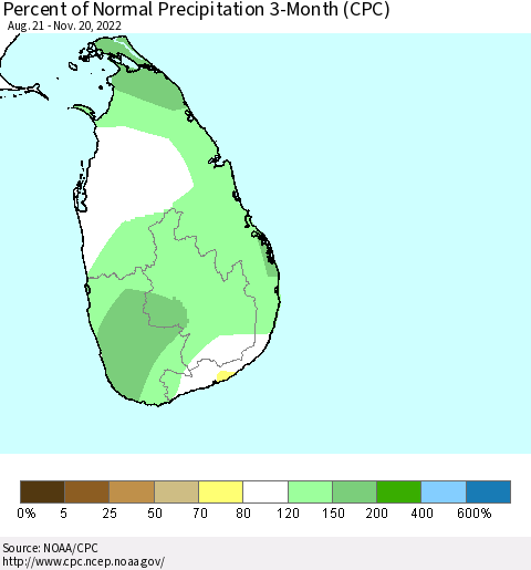 Sri Lanka Percent of Normal Precipitation 3-Month (CPC) Thematic Map For 8/21/2022 - 11/20/2022