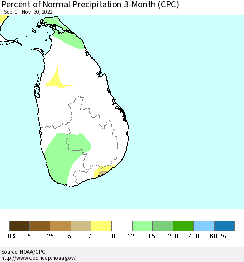 Sri Lanka Percent of Normal Precipitation 3-Month (CPC) Thematic Map For 9/1/2022 - 11/30/2022