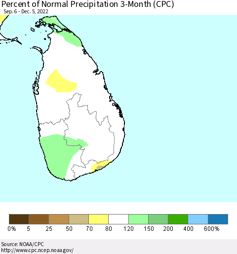 Sri Lanka Percent of Normal Precipitation 3-Month (CPC) Thematic Map For 9/6/2022 - 12/5/2022