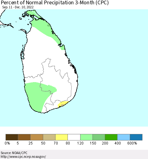 Sri Lanka Percent of Normal Precipitation 3-Month (CPC) Thematic Map For 9/11/2022 - 12/10/2022